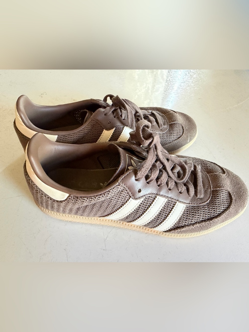 Adidas Men's Brown and White Knit Three-Stripe Sneakers